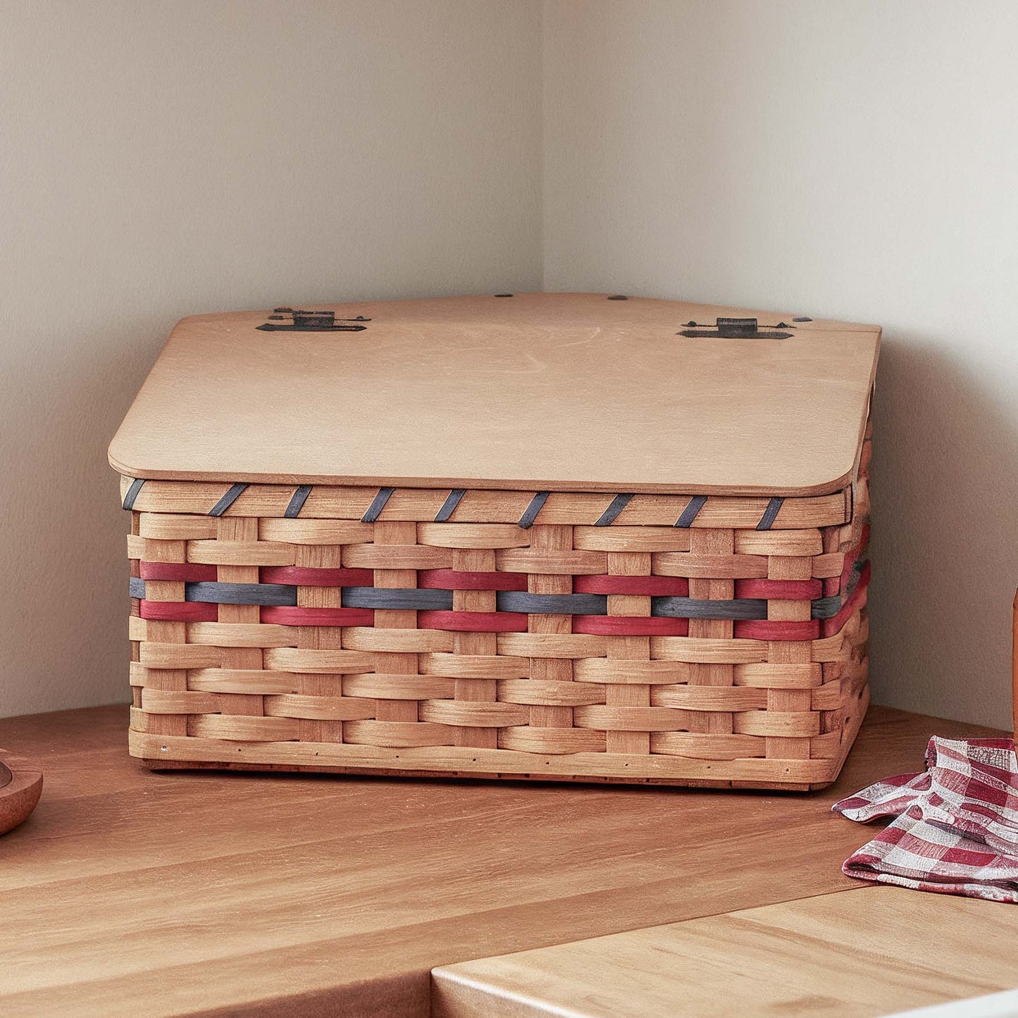 Amish Corner Bread Box | Rustic Woven Wooden Countertop Storage