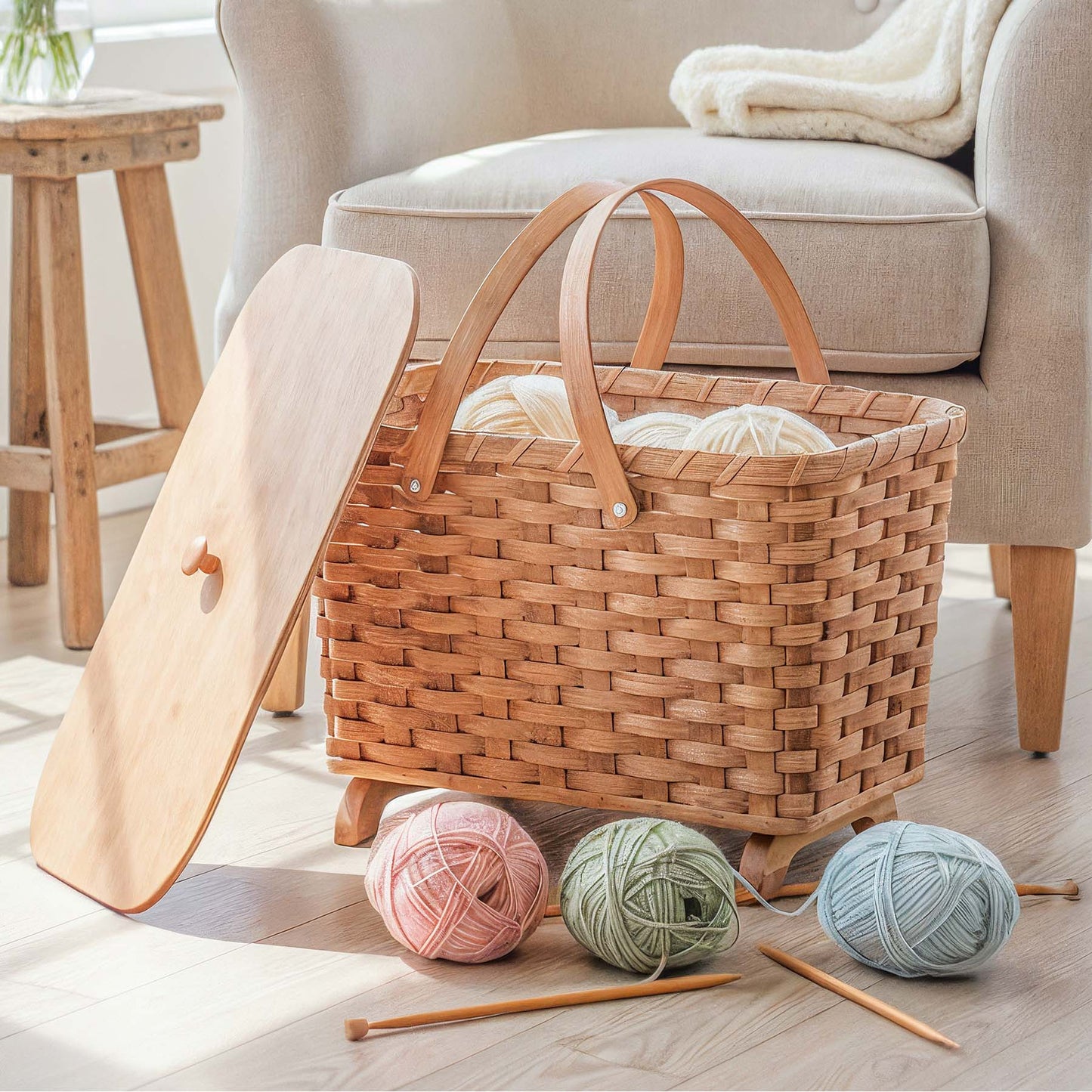 Homestead Knitting Basket | Amish Yarn & Project Storage with Lid & Legs