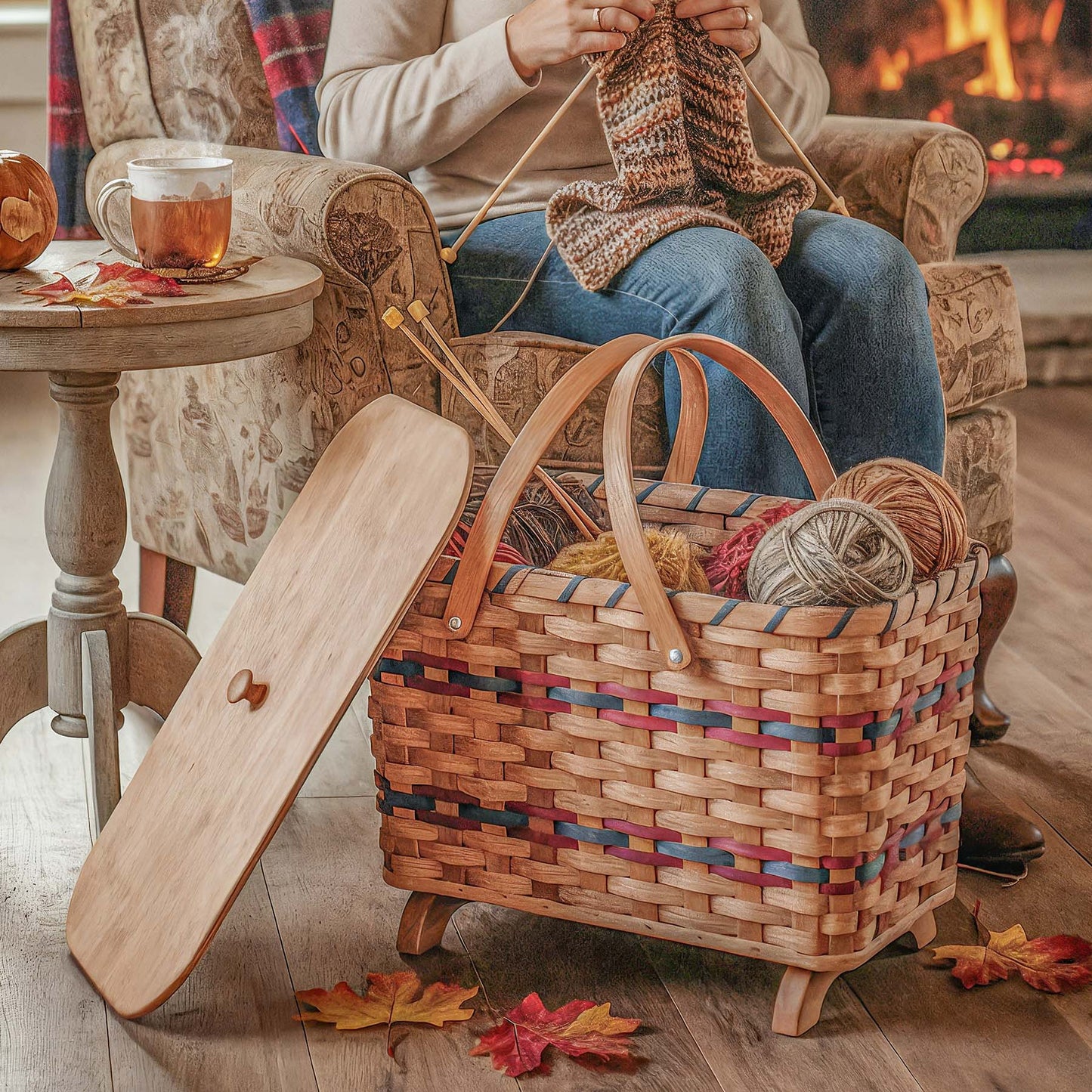 Homestead Knitting Basket | Amish Yarn & Project Storage with Lid & Legs