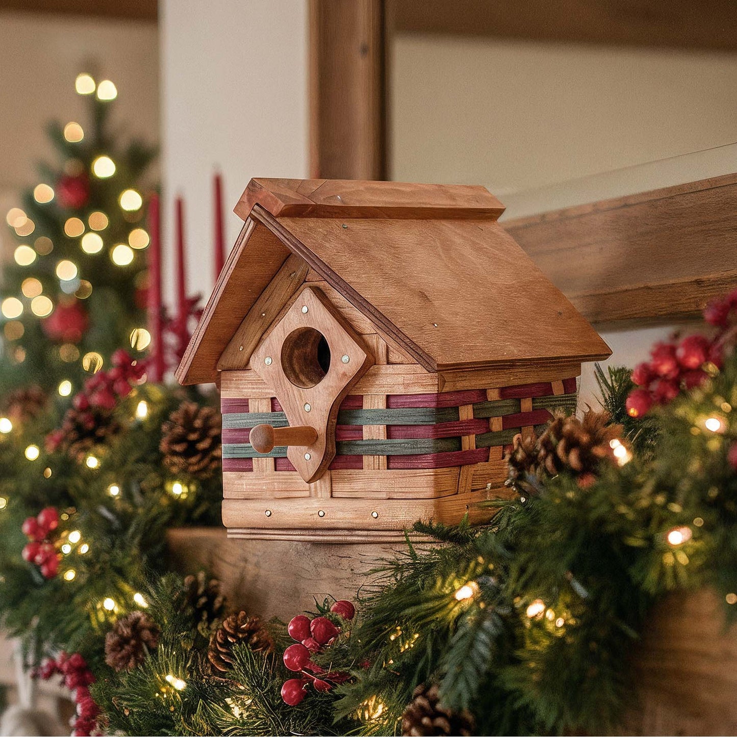 Rustic Bird House | Vintage Amish Woven Wooden Birdhouse Wine & Green