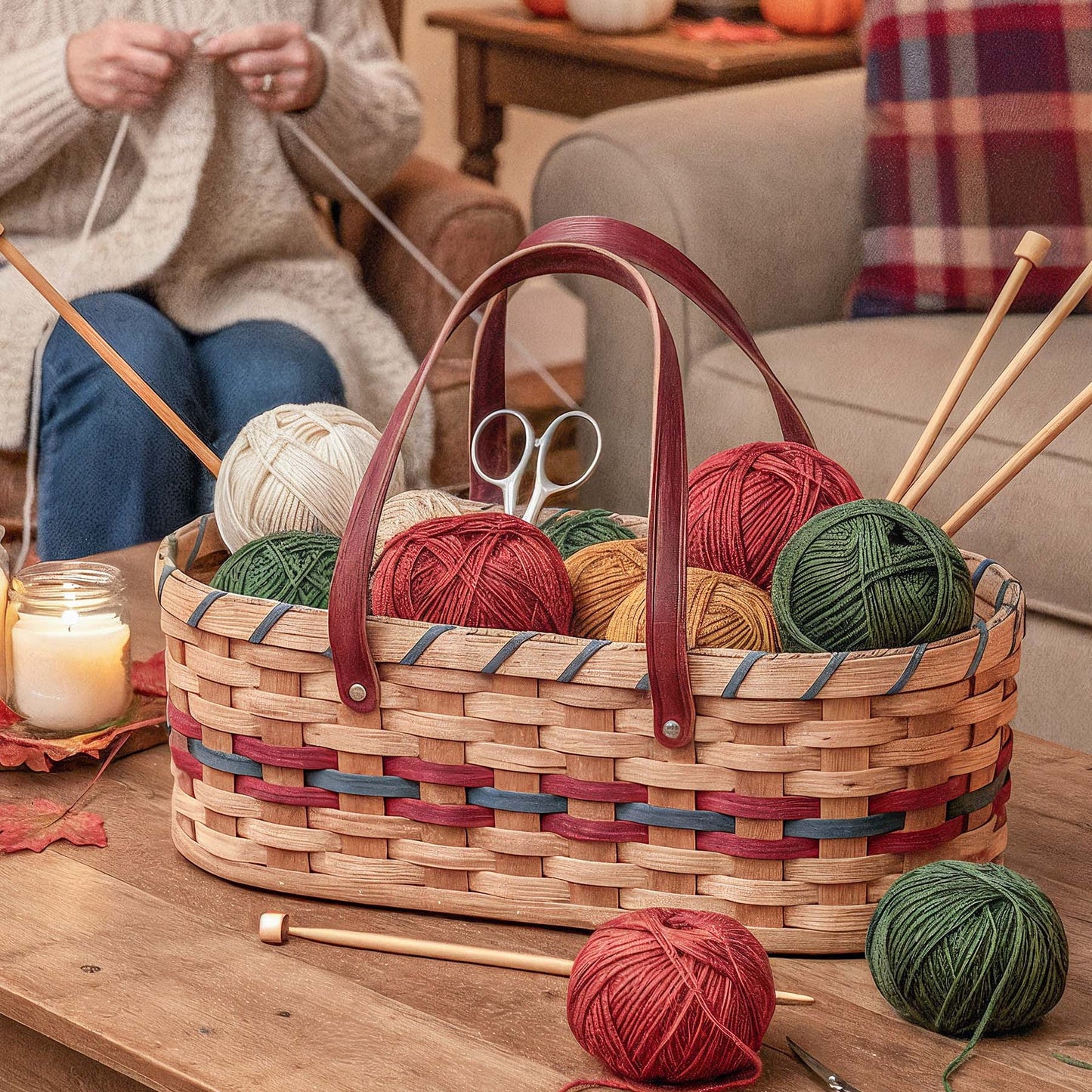 Vintage Yarn Caddy | Amish Wicker Knitting & Crochet Organizer Basket Wine & Blue