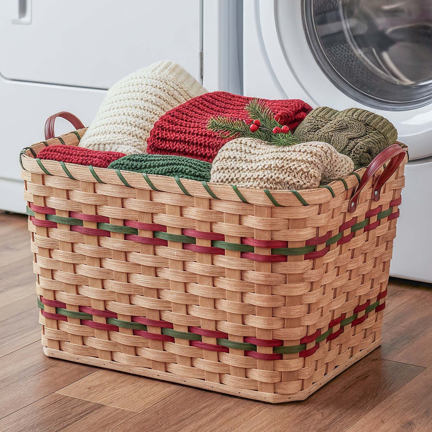 Vintage Wicker Laundry Basket | Extra Large Retro Amish Woven Wine & Green
