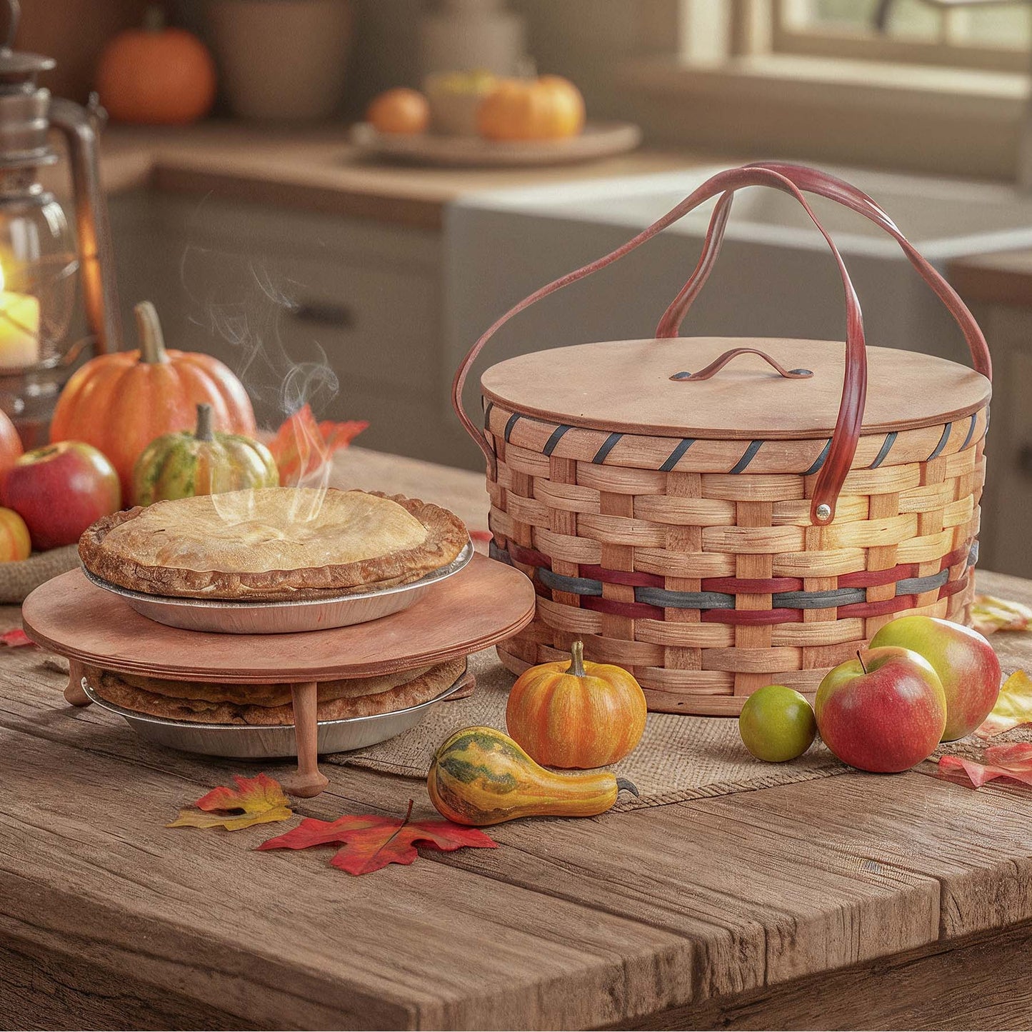 Dual Pie Carrier | Amish Woven Wooden 2-Pie Basket w/Tray Wine & Blue