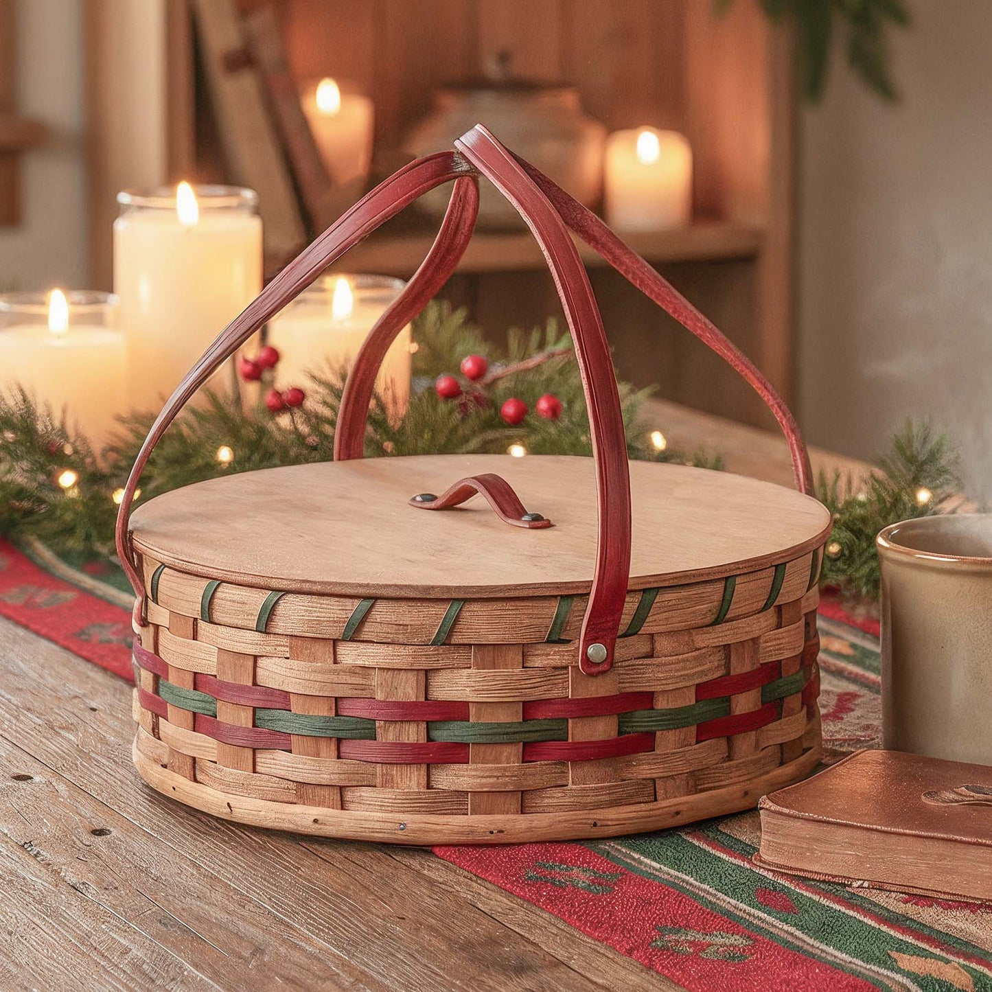 Single Pie Carrier | Amish Woven Wooden Pie Basket w/Lid Wine & Green