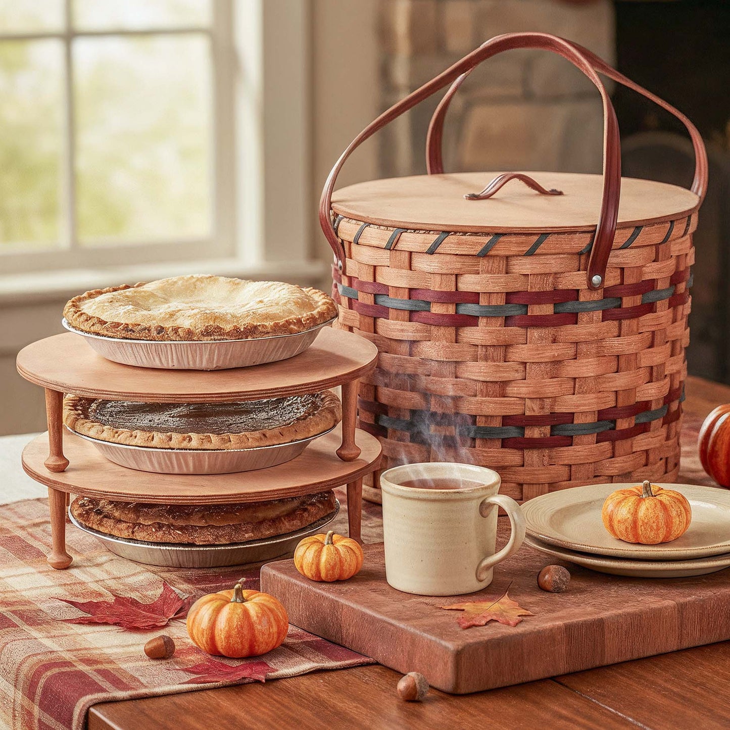 Triple Pie Basket | Amish Woven 3-Pie Travel Transport Container Wine & Blue