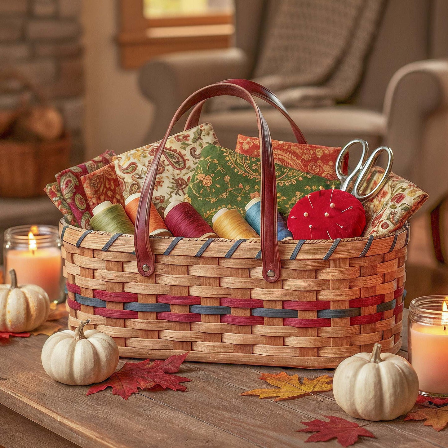 Craft Caddy | Handy Amish Wicker Sewing Tote Basket w/Handles Wine & Blue