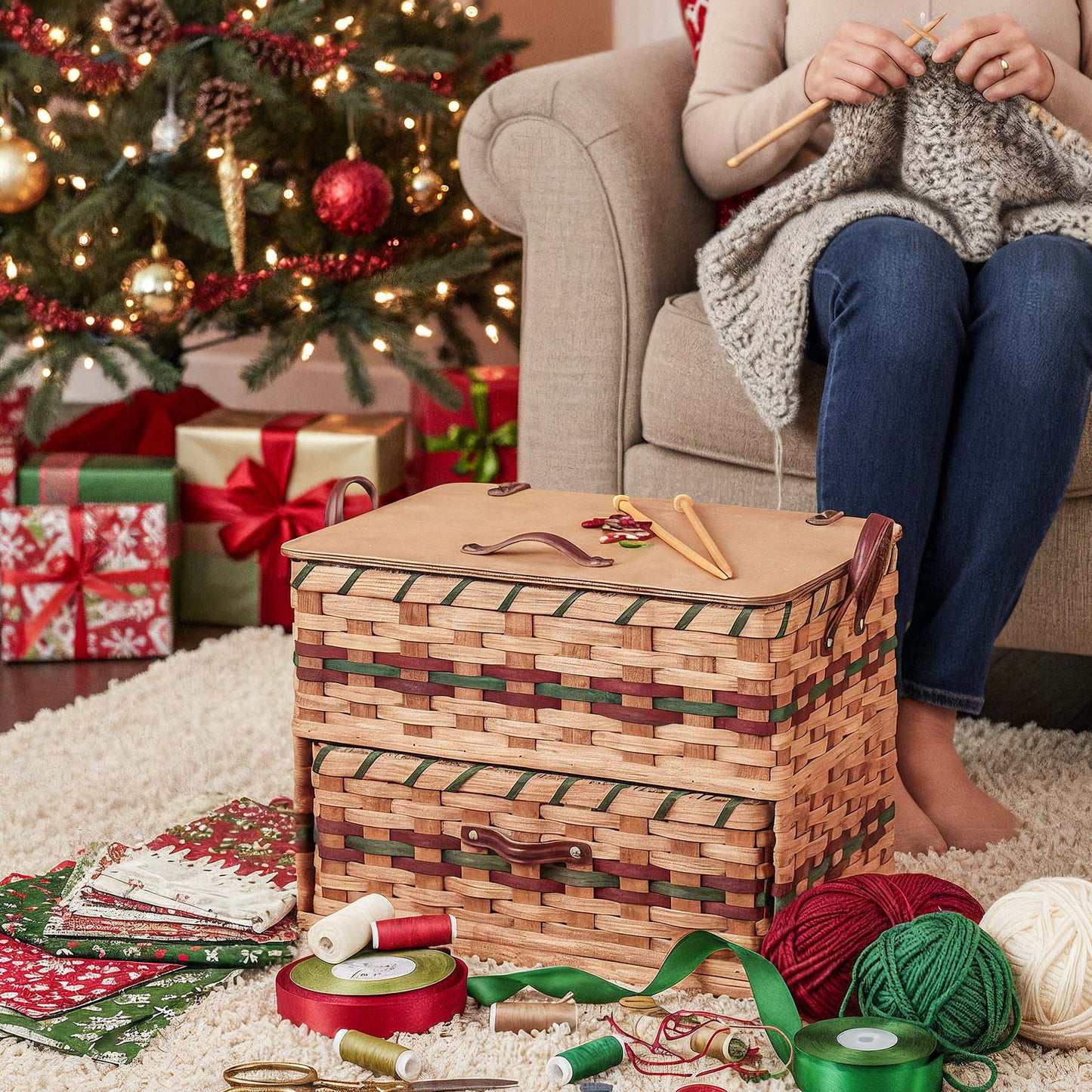 Extra Large Sewing & Craft Box | Organization & Storage Basket w/Drawer Wine & Green