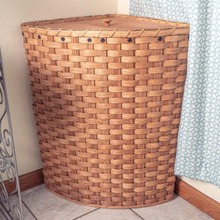 Large Amish Wicker Corner Laundry Hamper Basket With Lid Plain