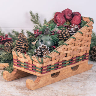 Santa Christmas Sleigh Centerpiece Decor: Amish Woven Wood Wine & Green