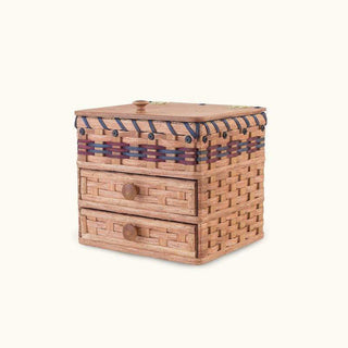 Amish Wicker Large Jewelry Box Storage Case With Lid & 2 Drawers Wine & Blue