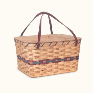 Amish Picnic Basket | Large Classic Wicker Outdoor Tote With Lid Wine & Blue