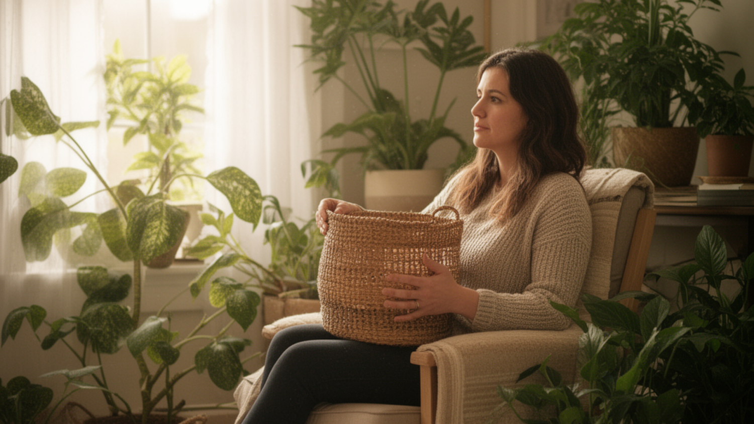 Woman Holding Handwoven Basket At Home