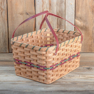 SALE! 18" x 13" x 9.5" Tall Amish Rectangle Basket w/Long Handles & Wine/Green Trim