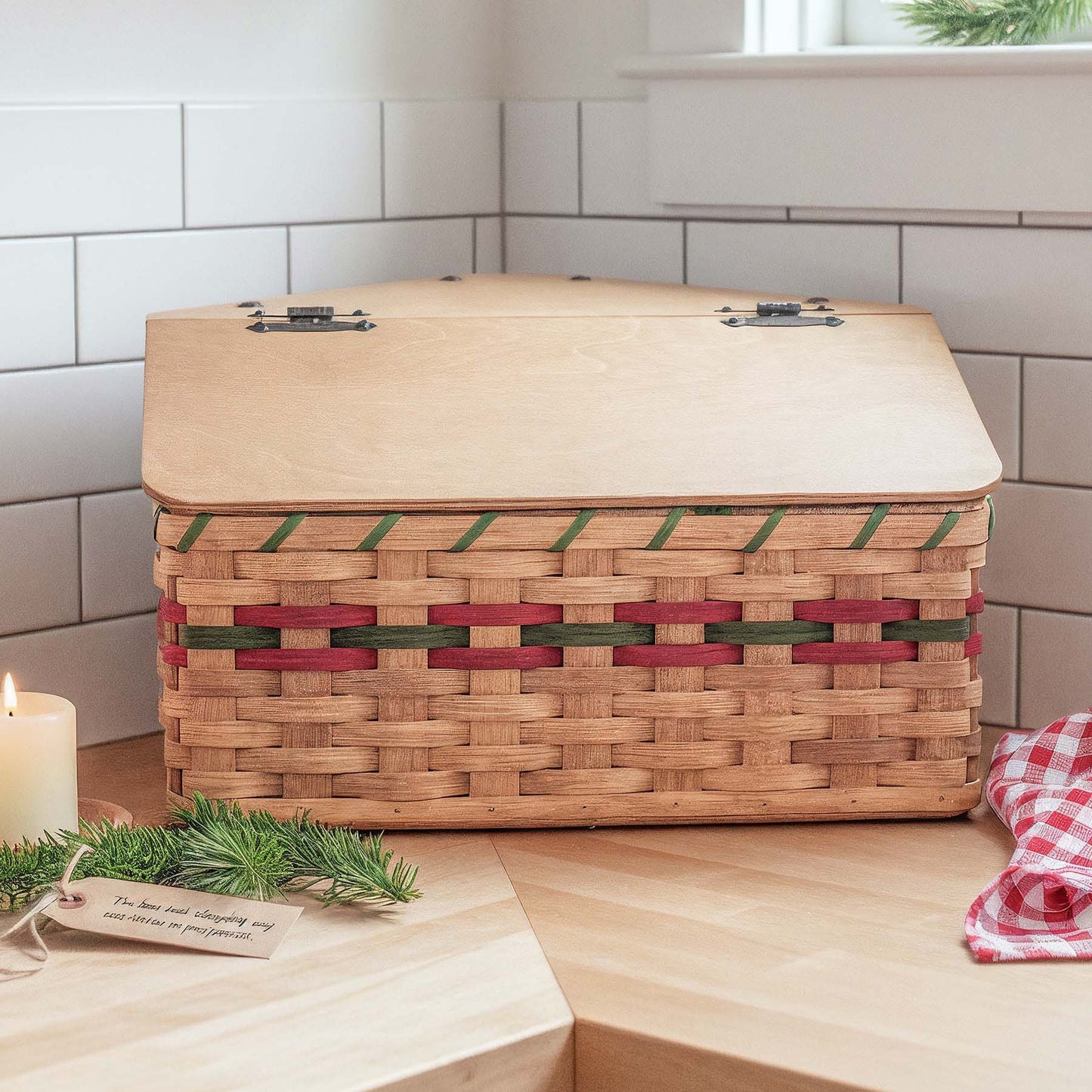 Amish Corner Bread Box | Rustic Woven Wooden Countertop Storage