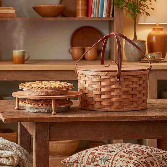 Dual Pie Carrier | Amish Woven Wooden 2-Pie Basket w/Tray