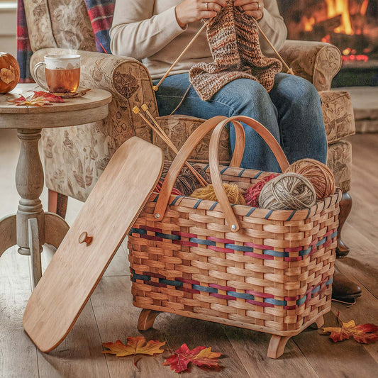 Homestead Knitting Basket | Amish Yarn & Project Storage with Lid & Legs
