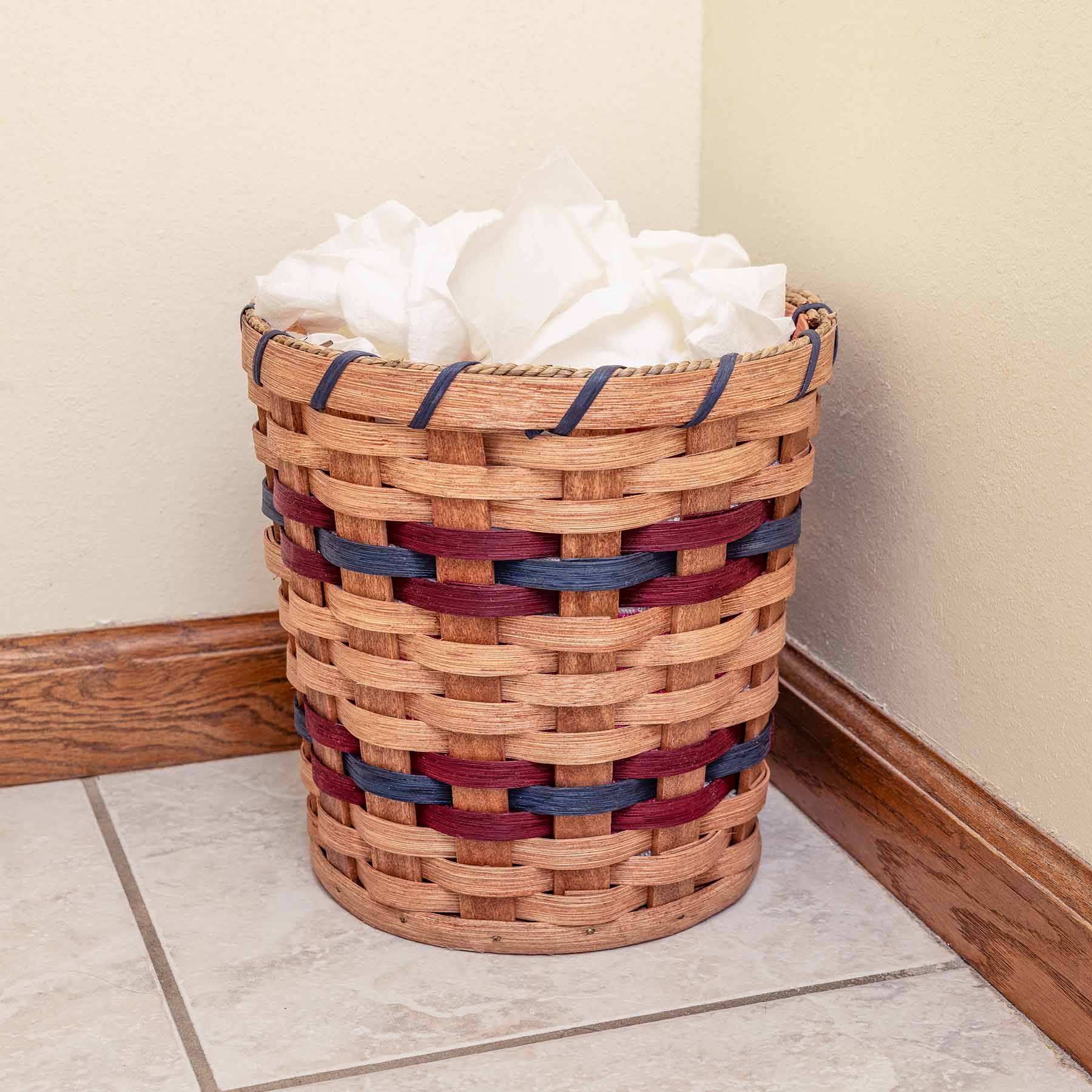 Small Bathroom Trash Can | 9 1/2” Tall Amish Wicker Waste Basket Wine & Blue