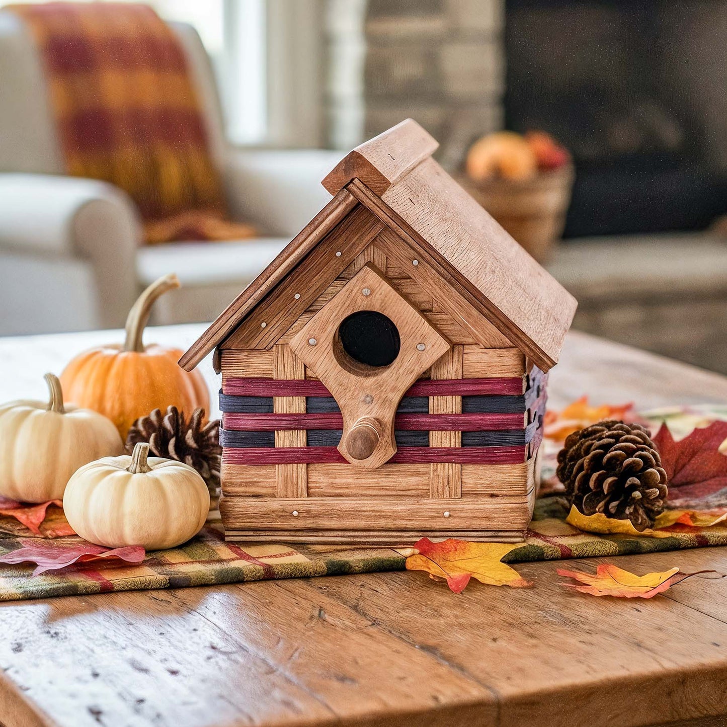 Rustic Bird House | Vintage Amish Woven Wooden Birdhouse Wine & Blue