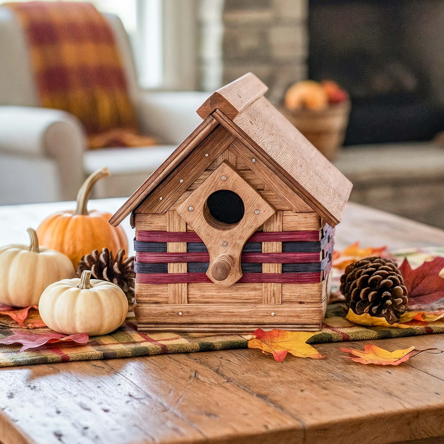 Rustic Bird House | Vintage Amish Woven Wooden Birdhouse Wine & Blue