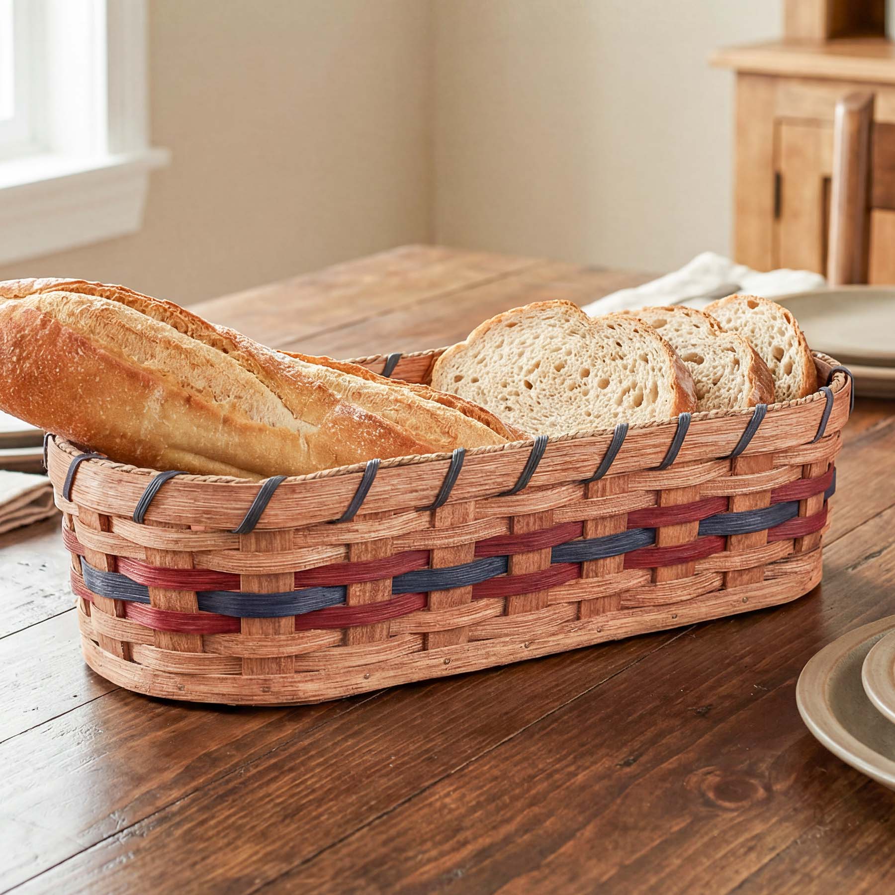 SALE! Large Bread Warming Basket | Amish Family Size & French Bread Basket Wine & Blue