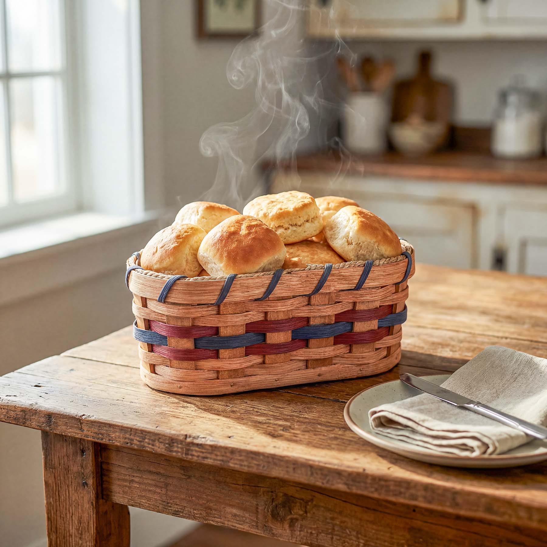 SALE! Small Bread Warming Basket | Amish Wicker Bun & Biscuit Basket Wine & Blue
