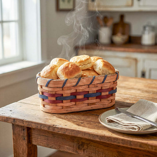 SALE! Small Bread Warming Basket | Amish Wicker Bun & Biscuit Basket Wine & Blue