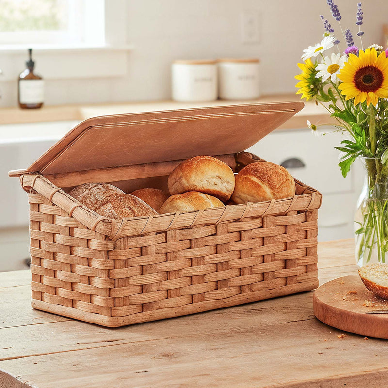 Amish Bread Box | Woven Wooden Countertop Storage w/Lid Plain