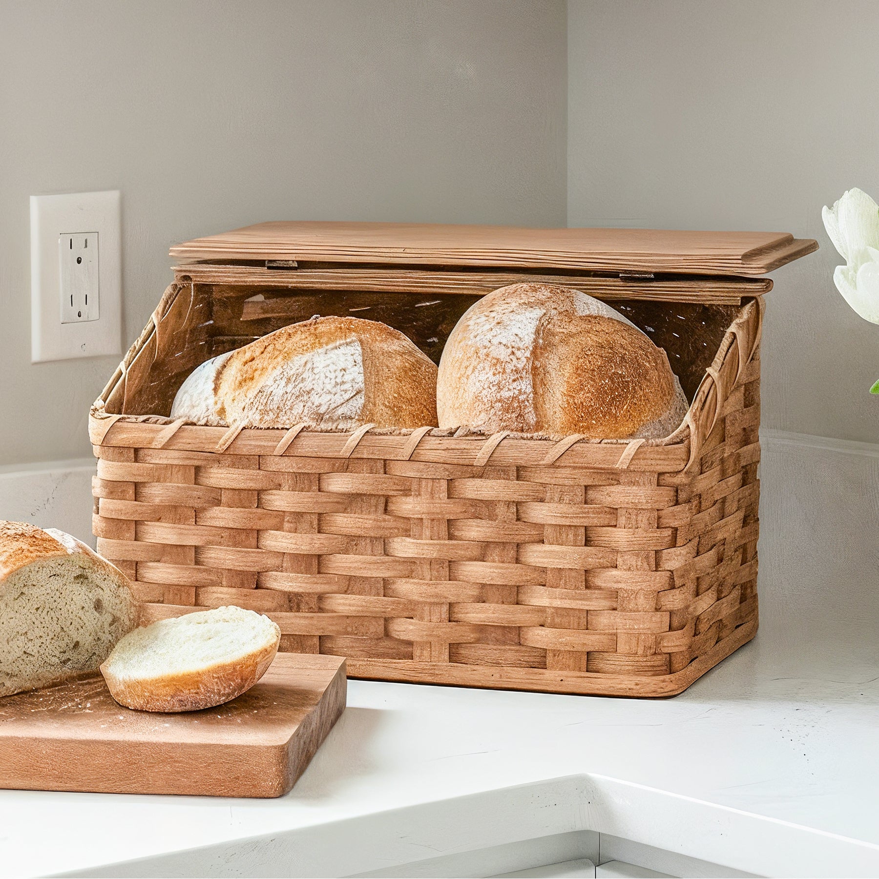 Amish Corner Bread Box | Rustic Woven Wooden Countertop Storage Plain