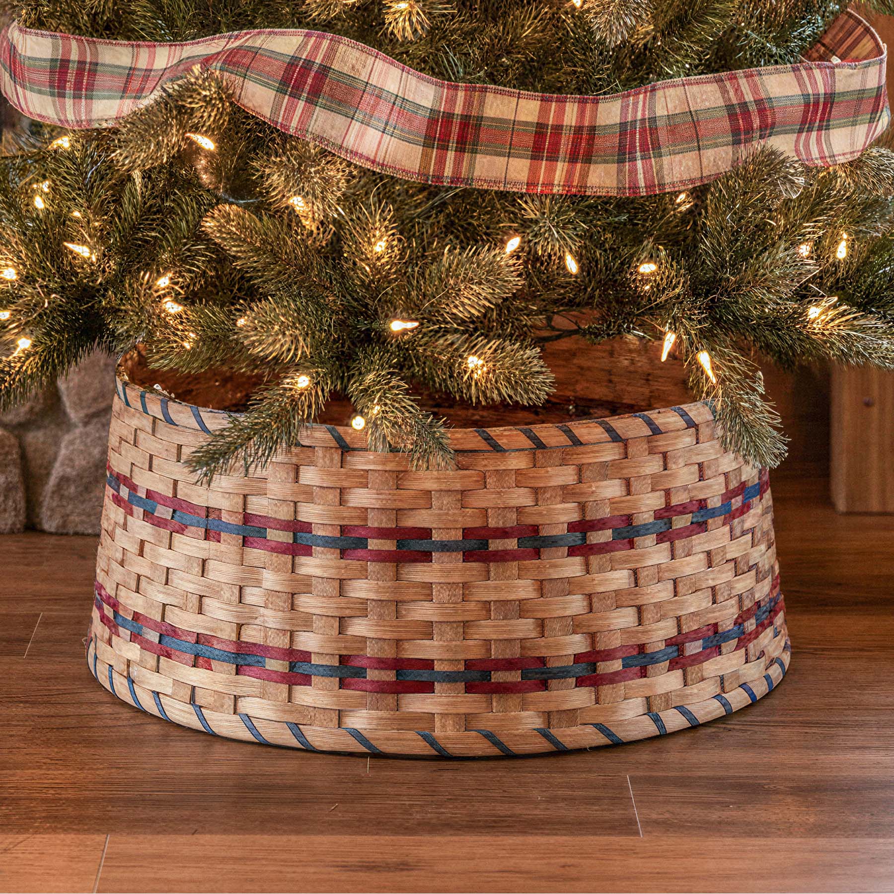 Basket Tree Collar | Amish Woven Wicker Christmas Tree Ring Skirt Wine & Blue