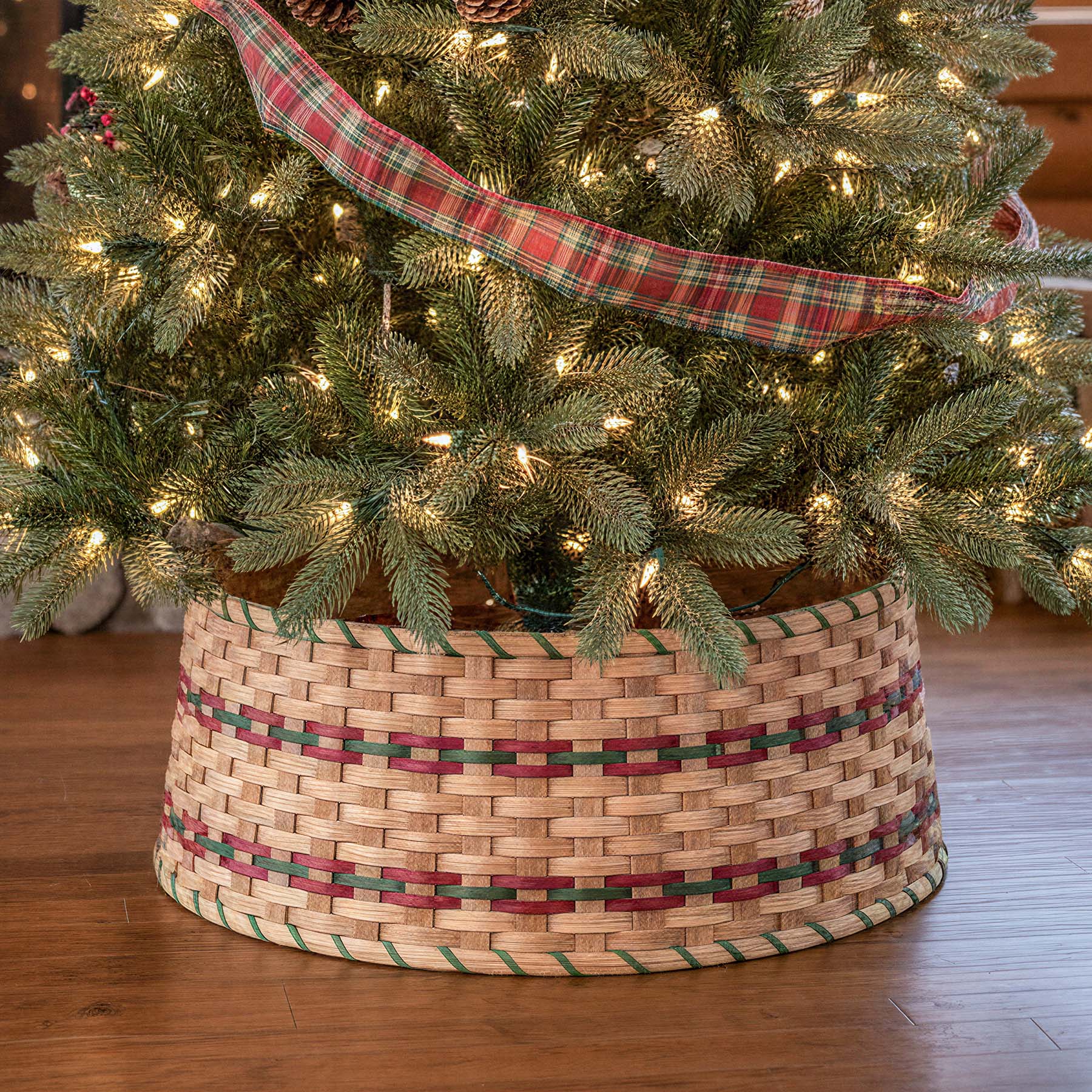 Basket Tree Collar | Amish Woven Wicker Christmas Tree Ring Skirt Wine & Green