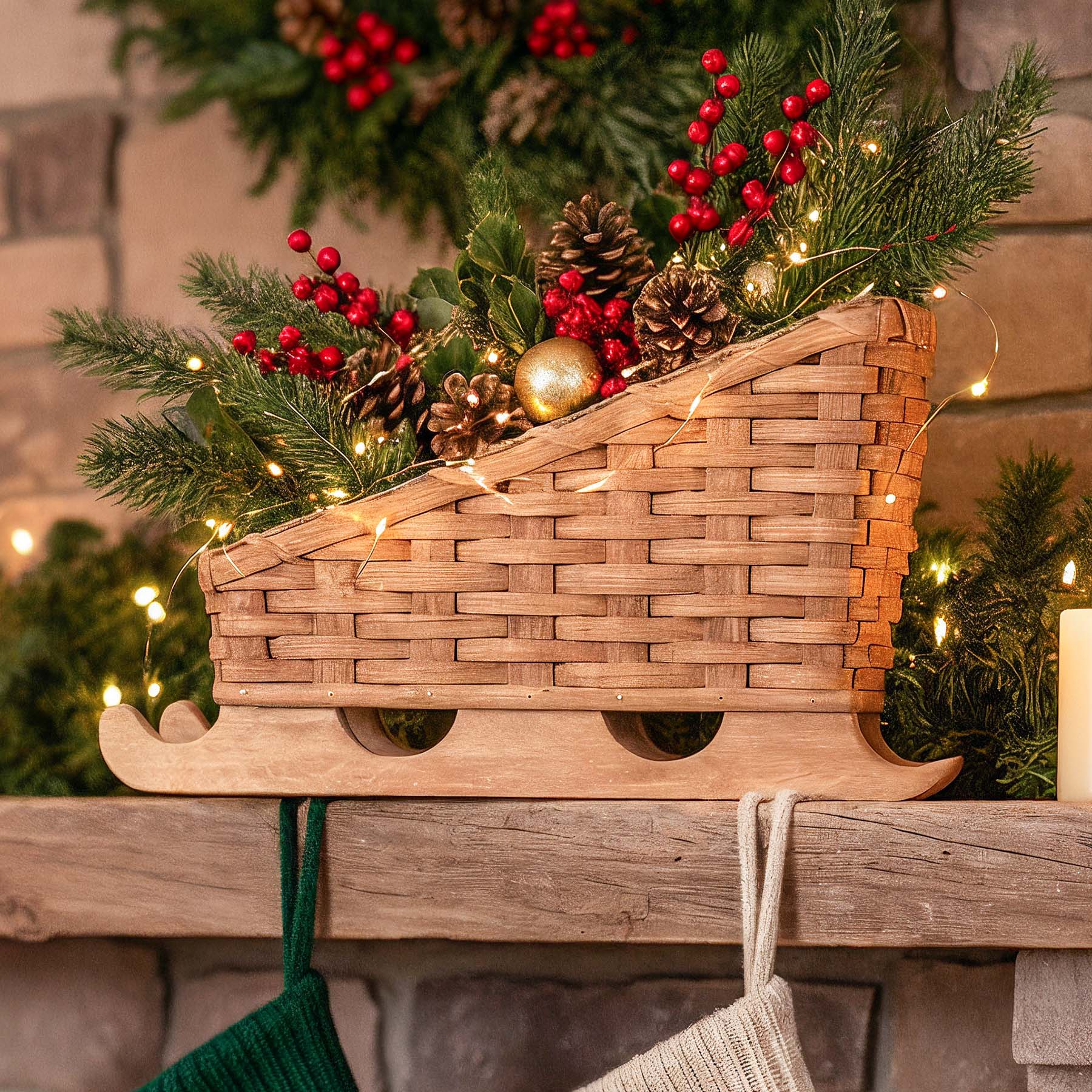 Christmas Sleigh Centerpiece | Amish Woven Decorative Santa Sleigh Plain