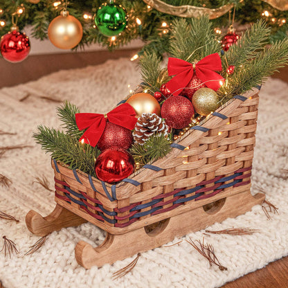 Christmas Sleigh Centerpiece | Amish Woven Decorative Santa Sleigh Wine & Blue