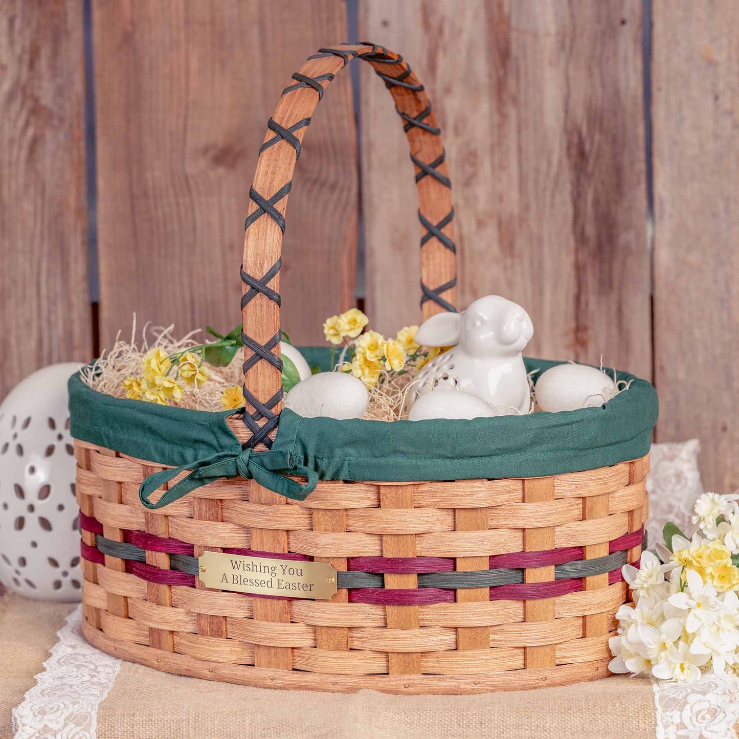 Large Oval Easter Basket | Natural Oversized Amish Woven Wicker Wine & Green