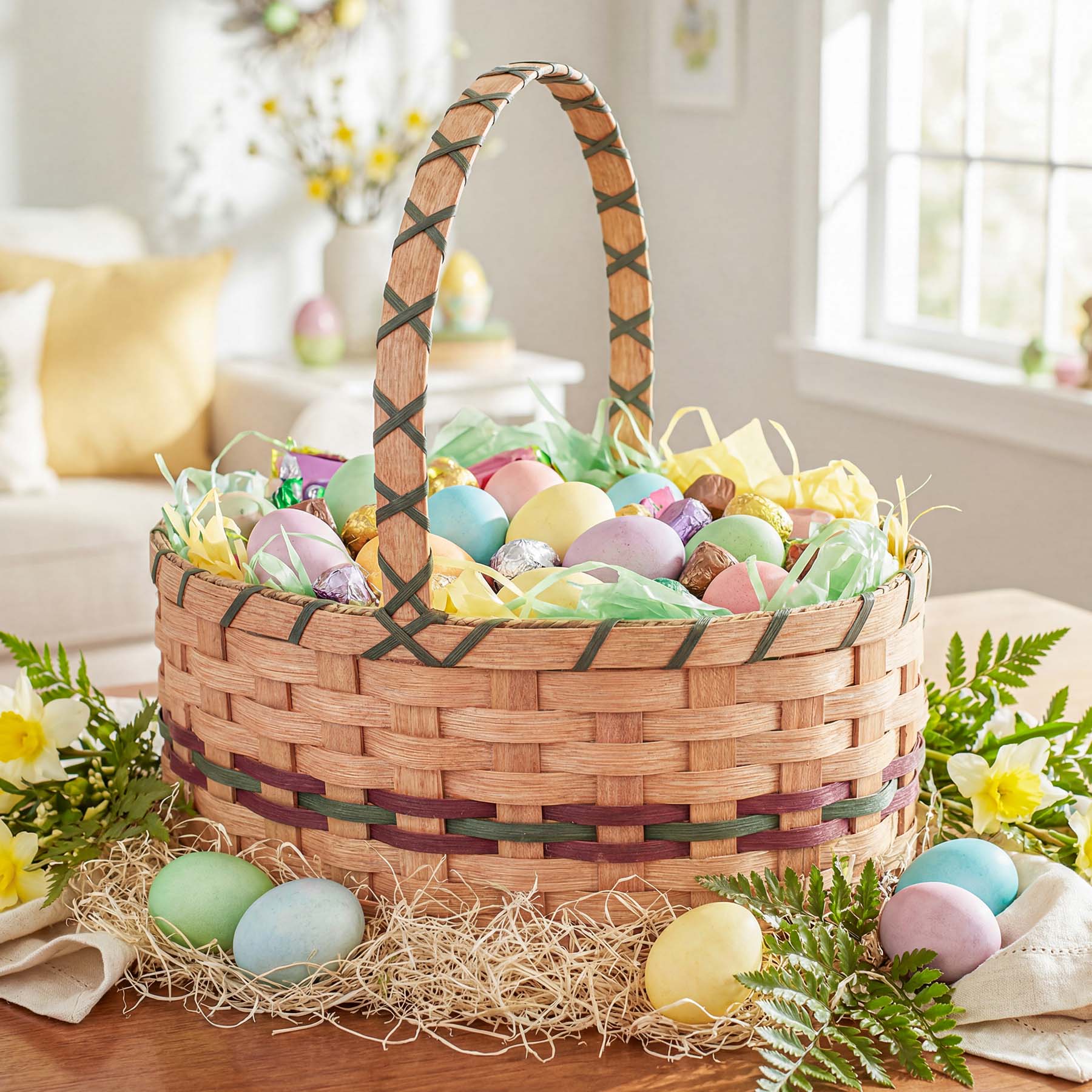 Large Oval Easter Basket | Natural Oversized Amish Woven Wicker Wine & Green