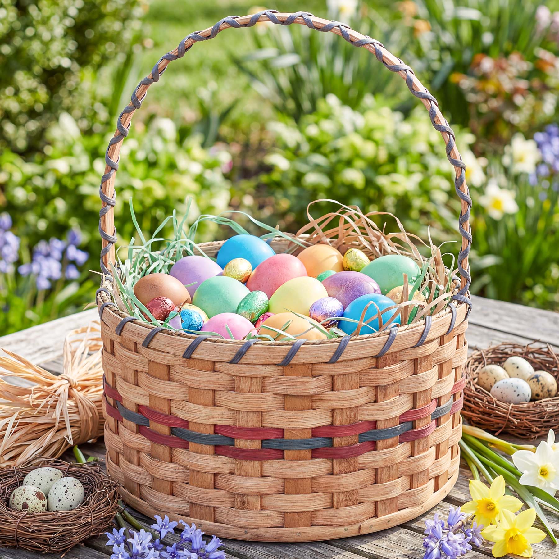 Large Round Easter Basket | Naturnal Heirloom Amish Woven Wicker Wine & Blue