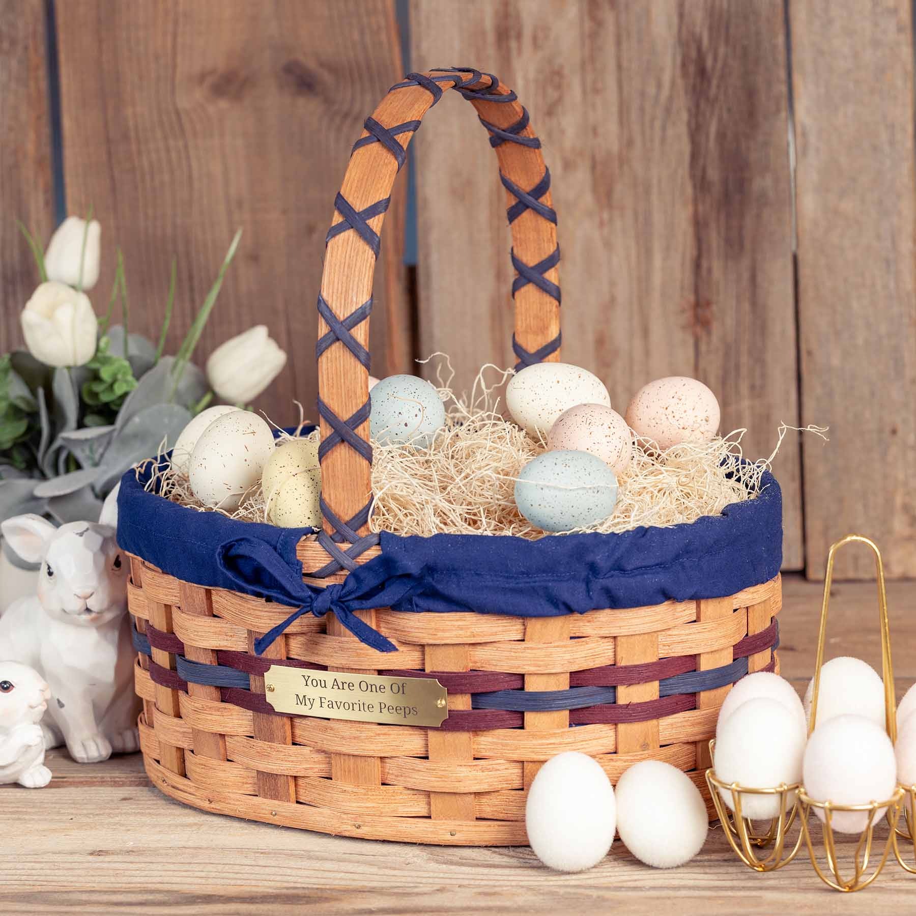 Medium Oval Easter Basket | Natural Decorative Amish Woven Wicker Wine & Blue