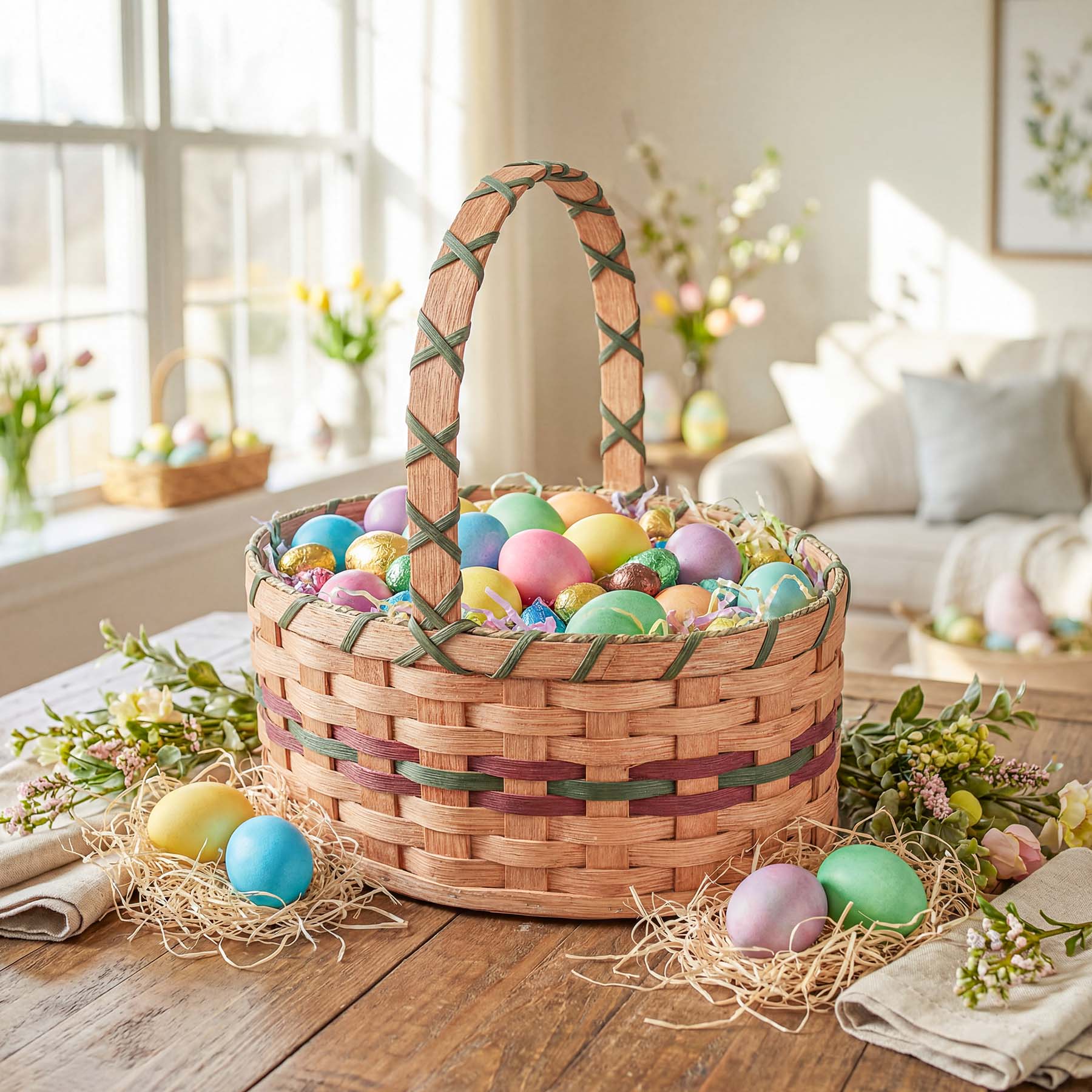 Medium Oval Easter Basket | Natural Decorative Amish Woven Wicker Wine & Green