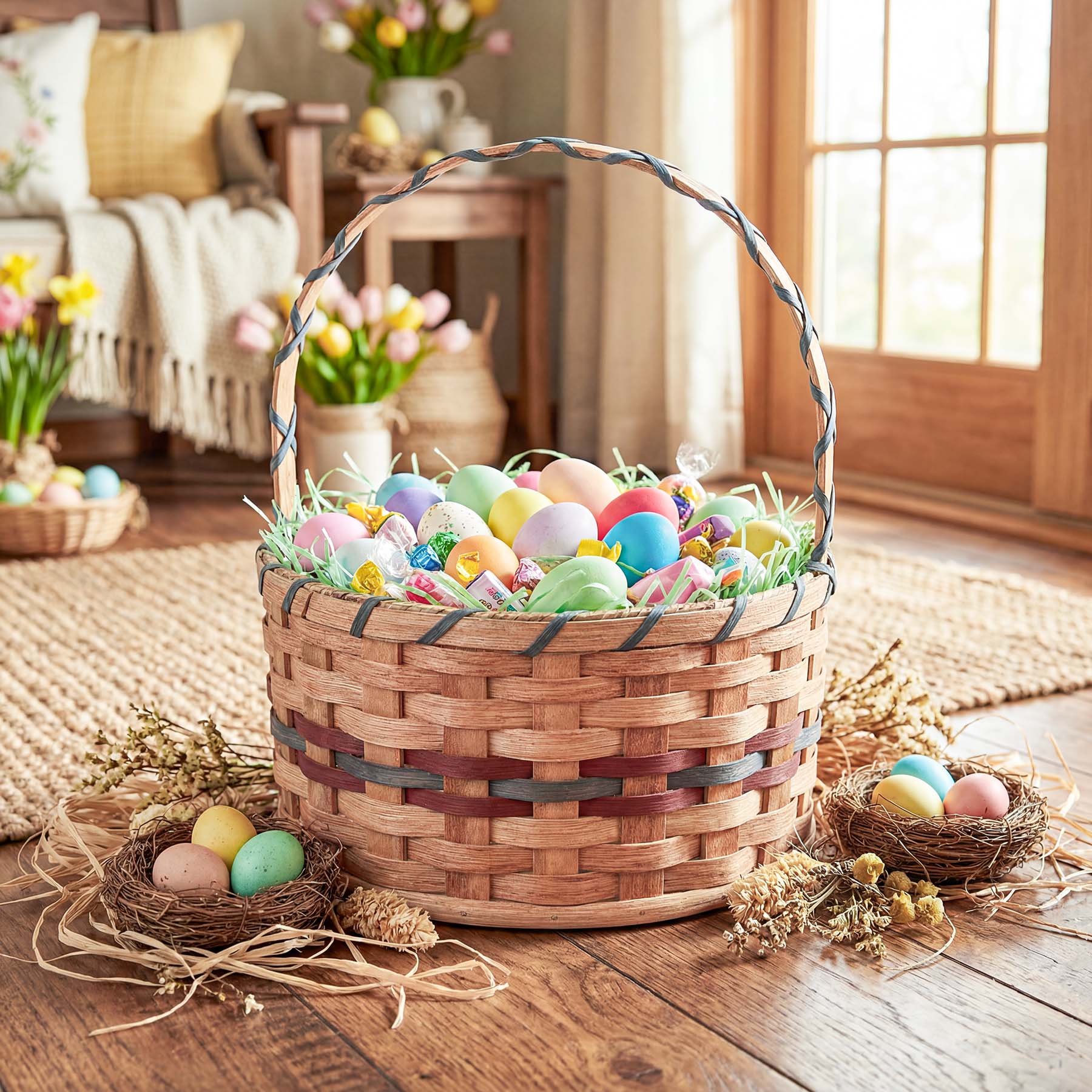 Medium Round Easter Basket | Natural Traditional Amish Woven Wicker Wine & Blue