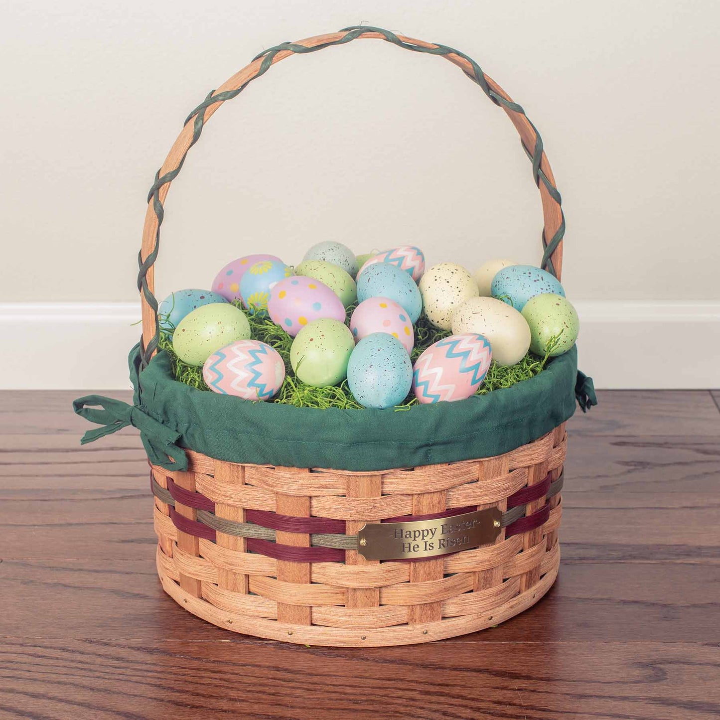 Medium Round Easter Basket | Natural Traditional Amish Woven Wicker Wine & Green