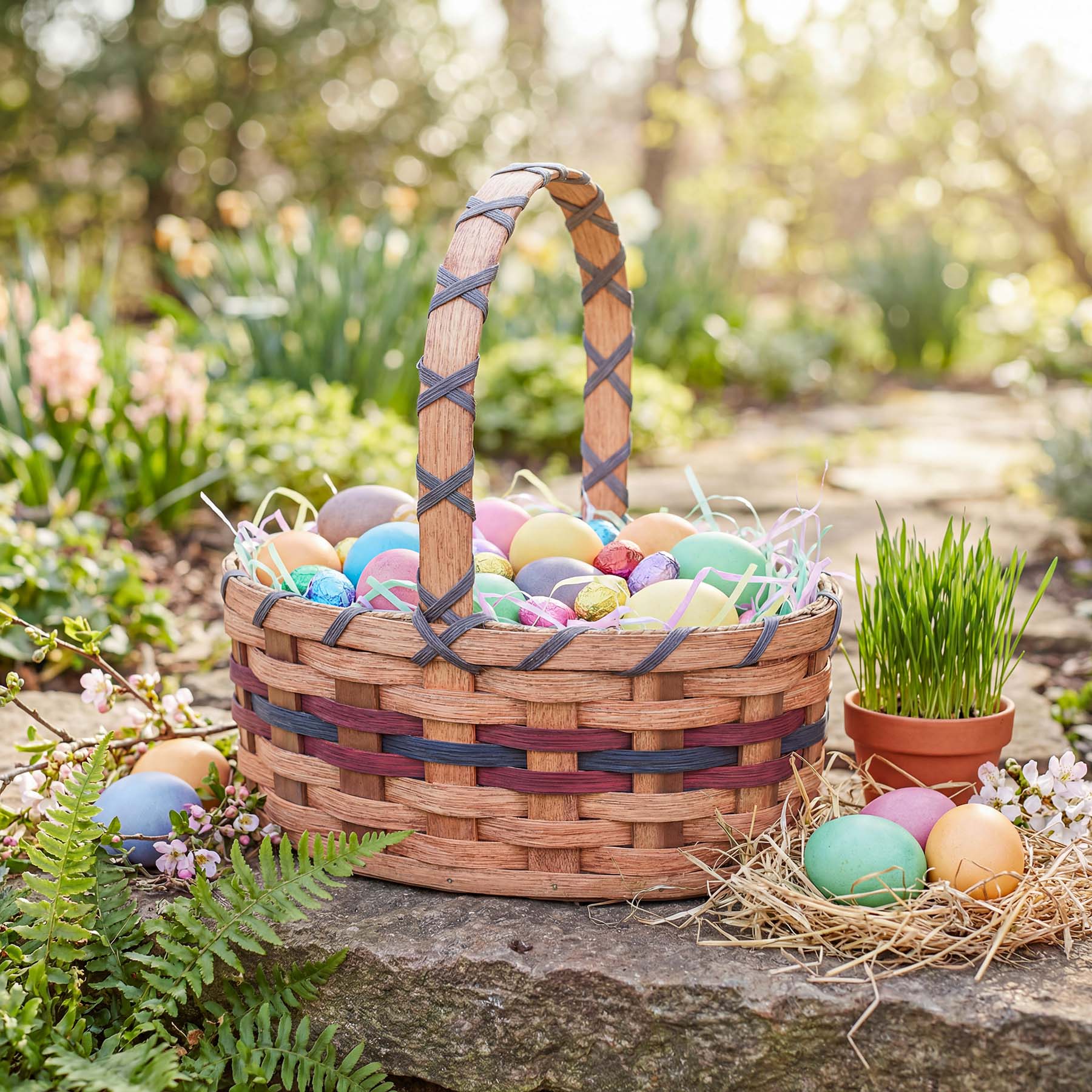 Small Oval Easter Basket | Natural Rustic Amish Woven Wicker Wine & Blue