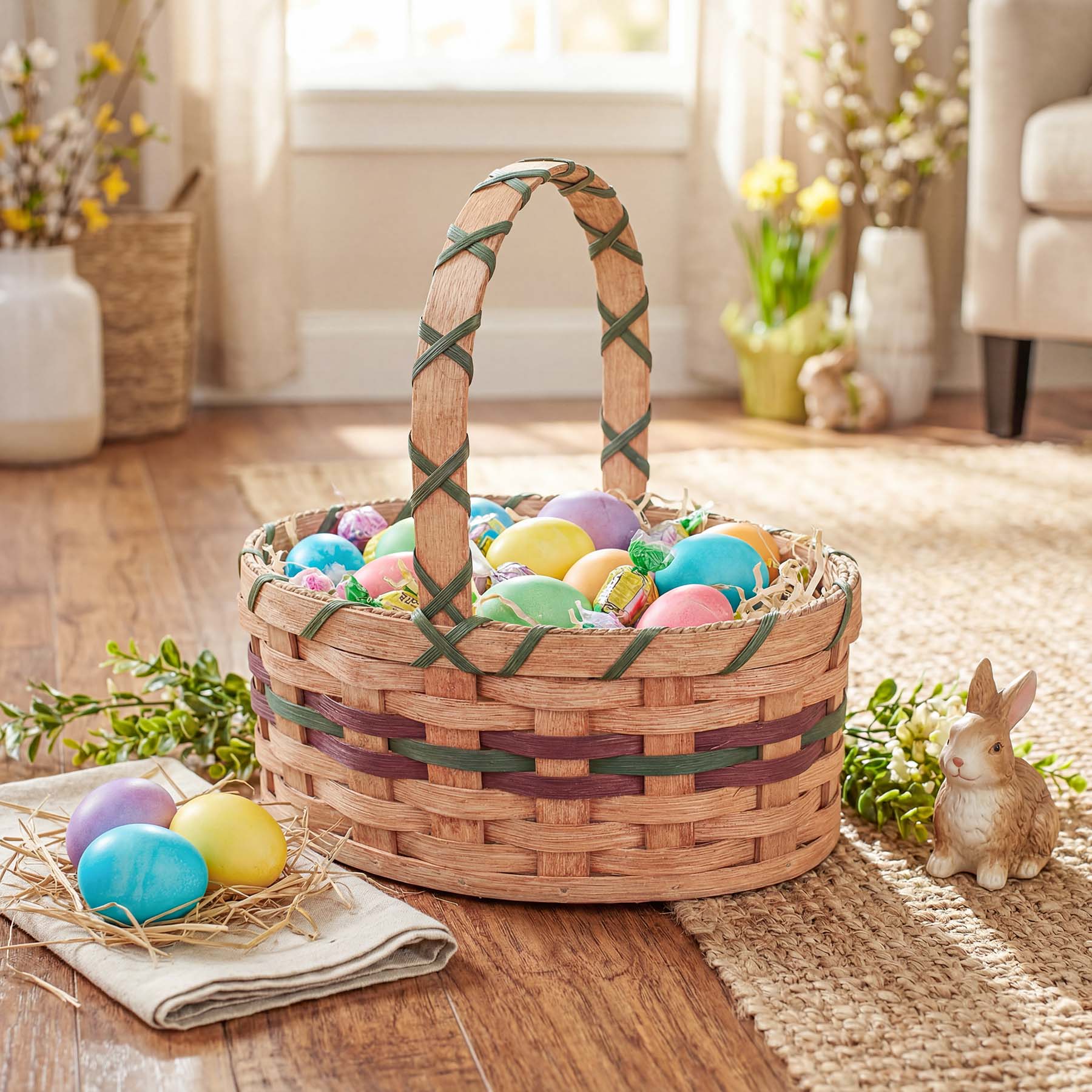 Small Oval Easter Basket | Natural Rustic Amish Woven Wicker Wine & Green