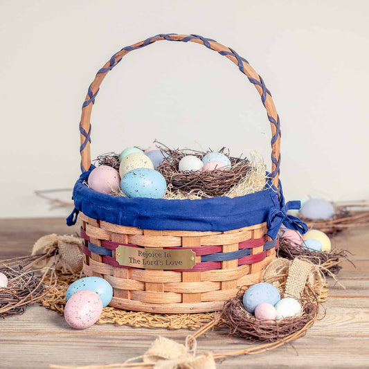 Small Round Easter Basket | Rustic Vintage Amish Woven Wicker Wine & Blue