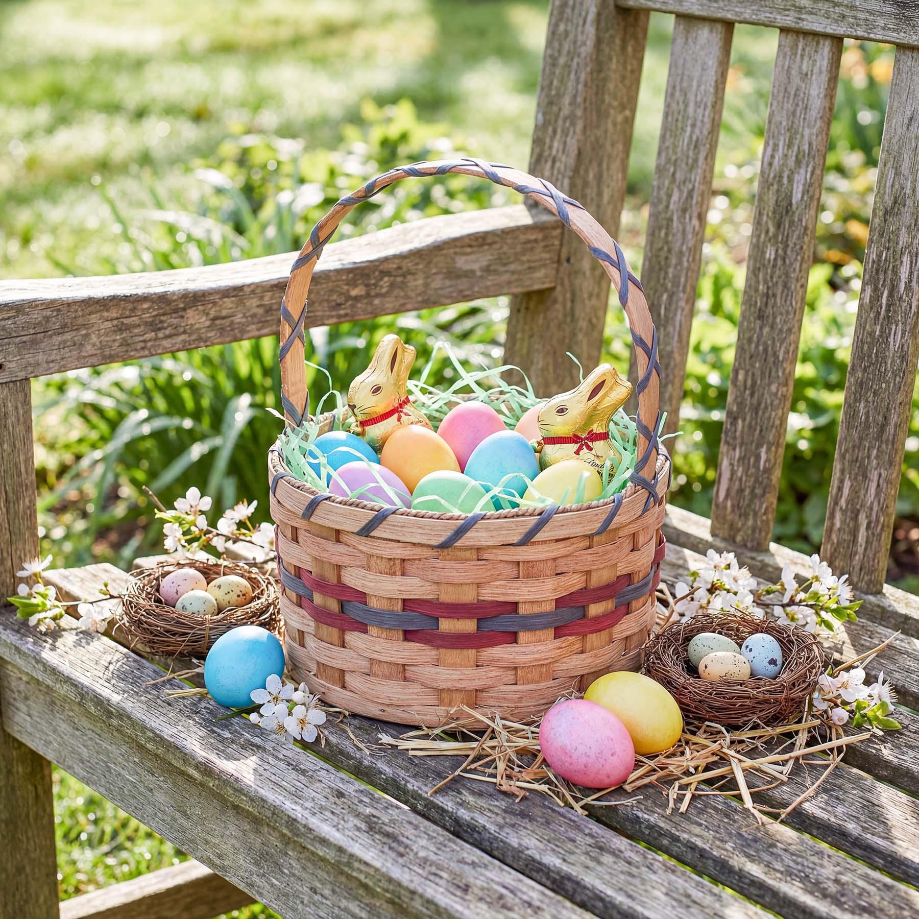 Small Round Easter Basket | Rustic Vintage Amish Woven Wicker Wine & Blue