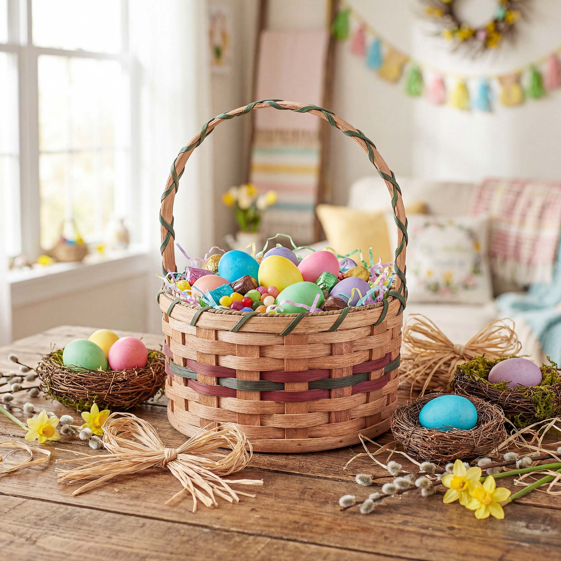 Small Round Easter Basket | Rustic Vintage Amish Woven Wicker Wine & Green