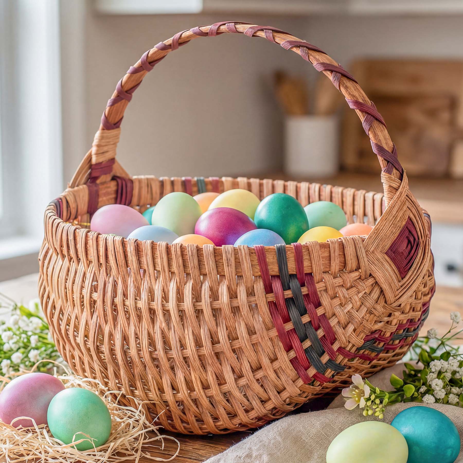 Large Wicker Egg Basket | 12" Amish Egg Gathering Basket Wine & Green