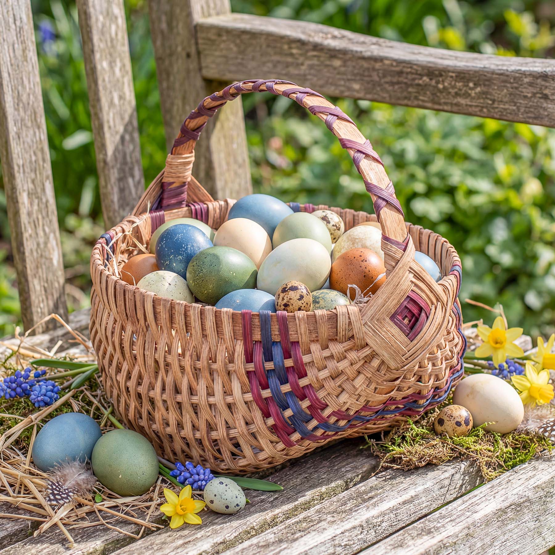 Medium Wicker Egg Basket | 11" Amish Egg Gathering Basket Wine & Blue