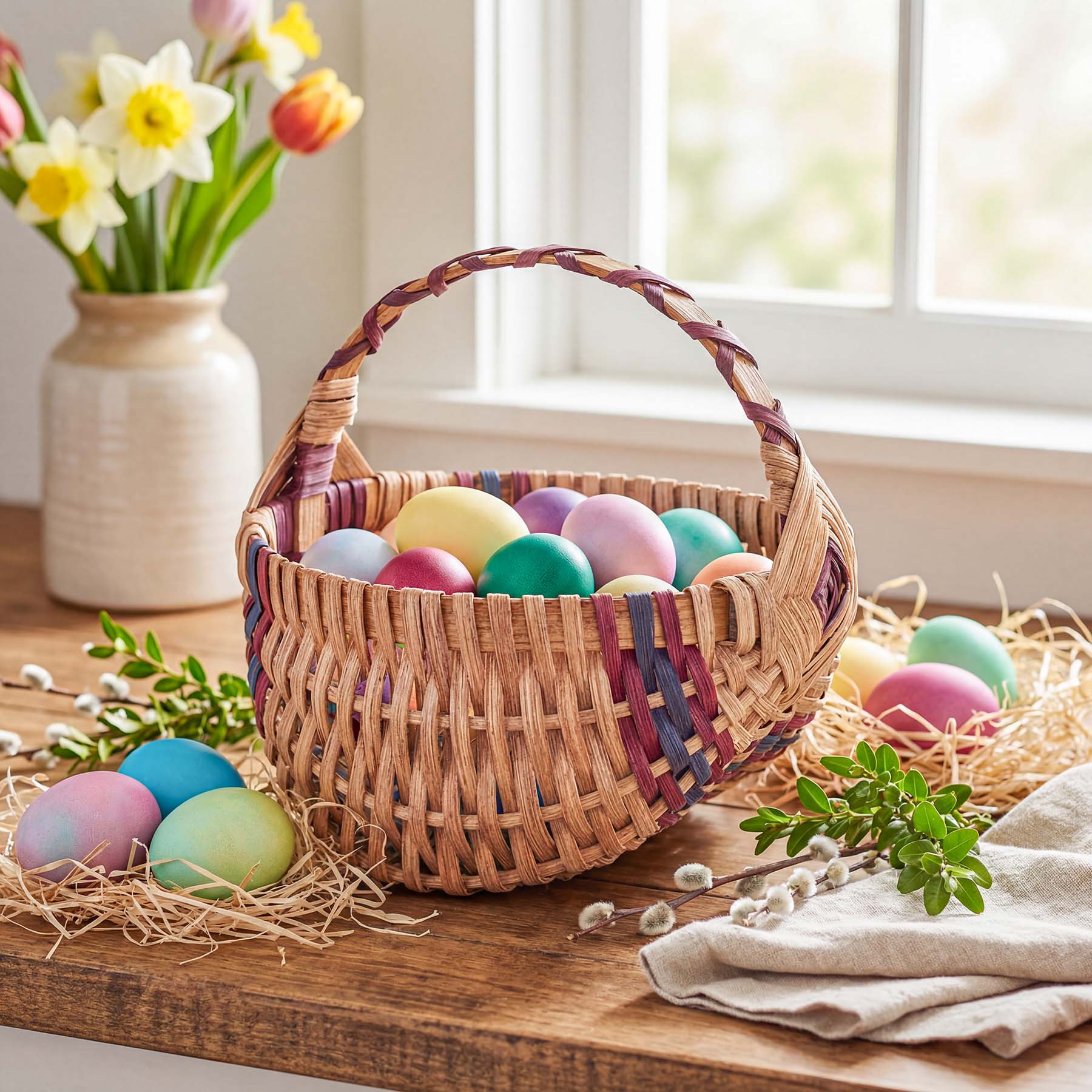 Small Wicker Egg Basket | 9" Amish Egg Gathering Basket Wine & Blue