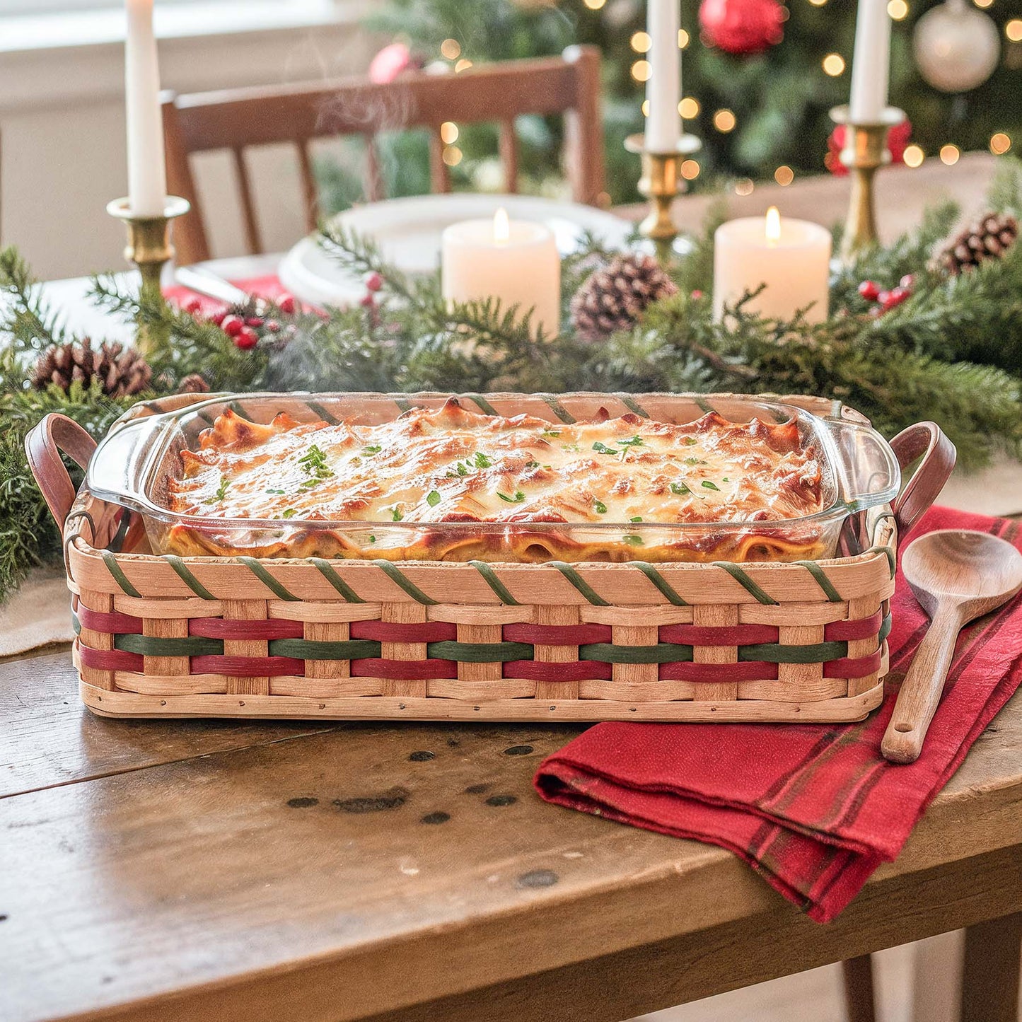 Large Casserole Basket | Amish Woven Carrier For Pyrex Dishes Wine & Green