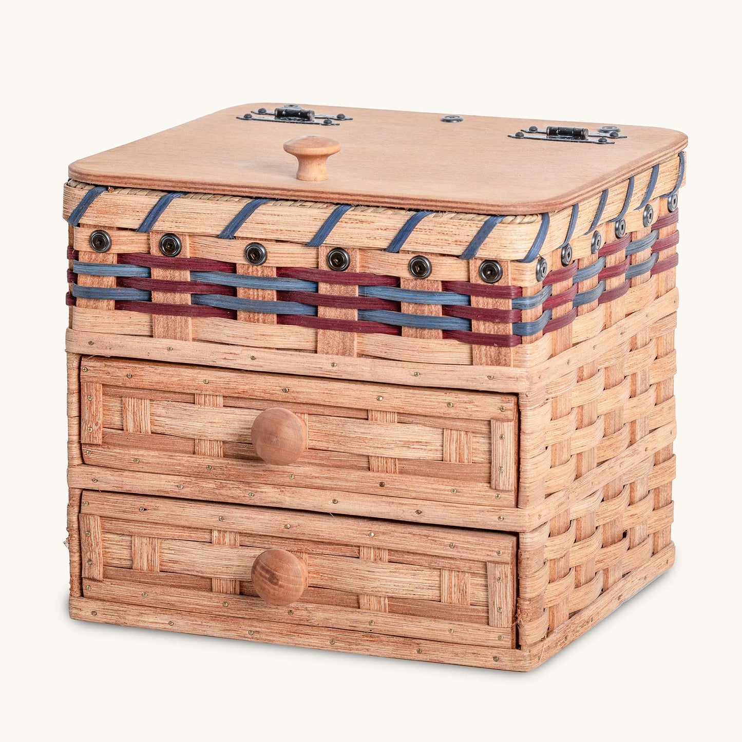 Vintage Jewelry Box | Amish Woven Wooden Storage w/Drawers Wine & Blue