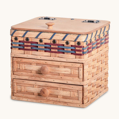 Vintage Jewelry Box | Amish Woven Wooden Storage w/Drawers Wine & Blue